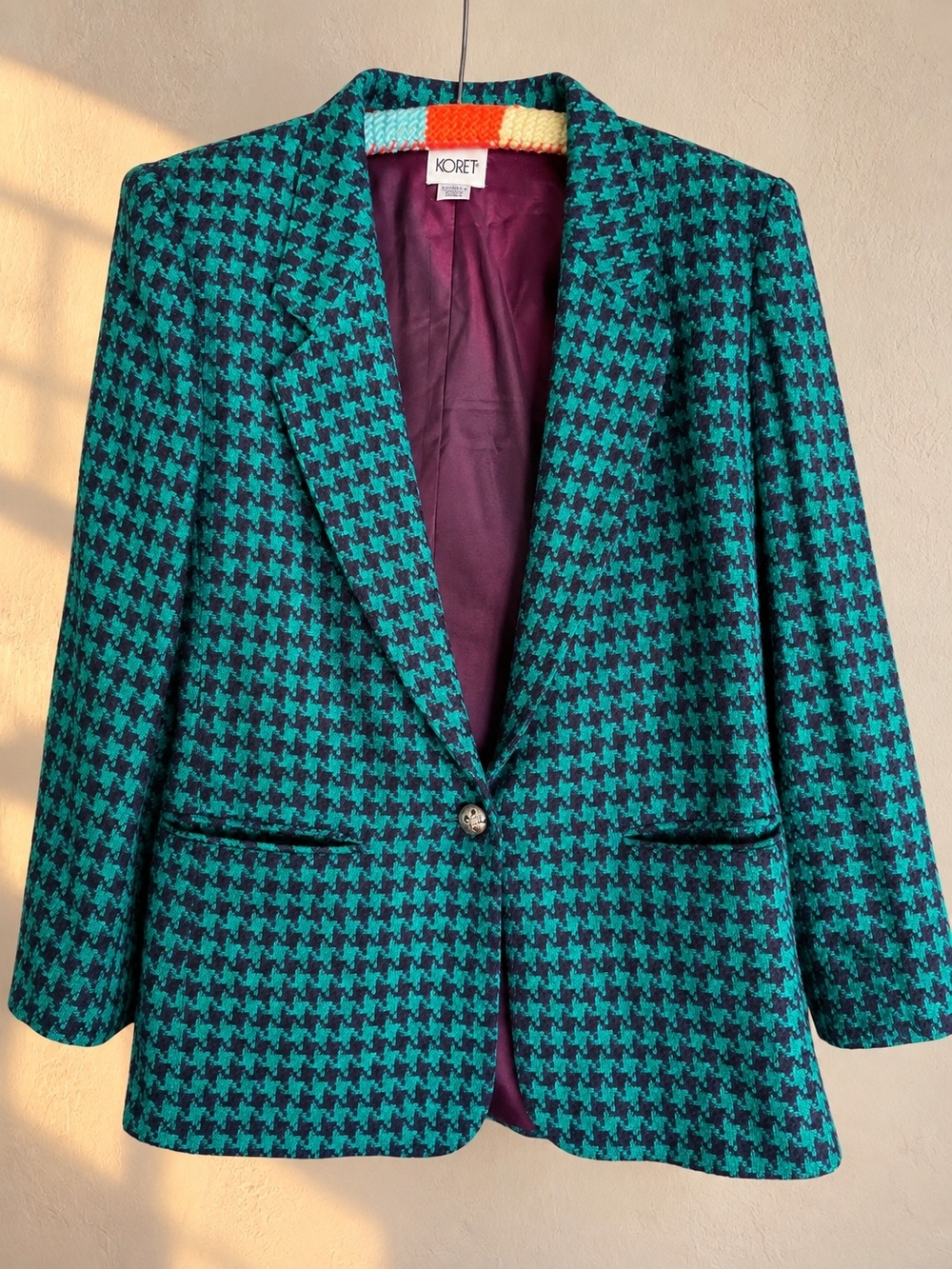Vintage 90s Koret Blazer Women 10 Teal Navy Houndstooth Oversized Wool Blend